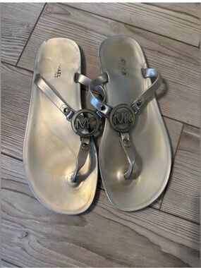 Michael Kors Silver MK Logo Jelly Thong Sandals
